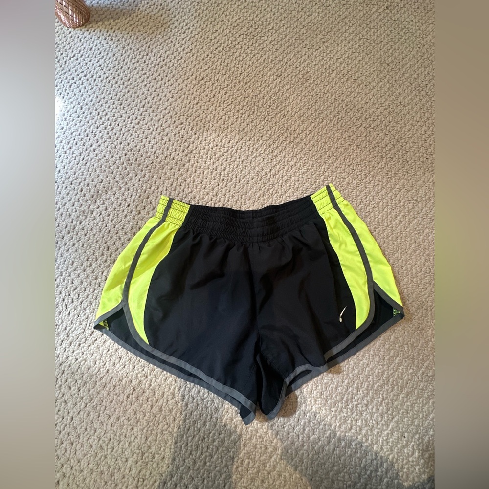 Nike Women's Black and Neon Yellow Athletic Shorts
